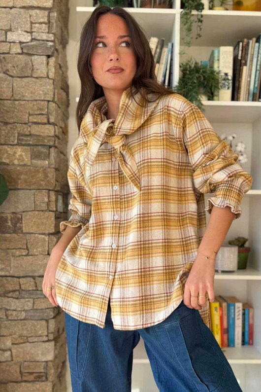 Agnes Plaid Brushed Cotton Neckerchief Blouse Soft Dijon